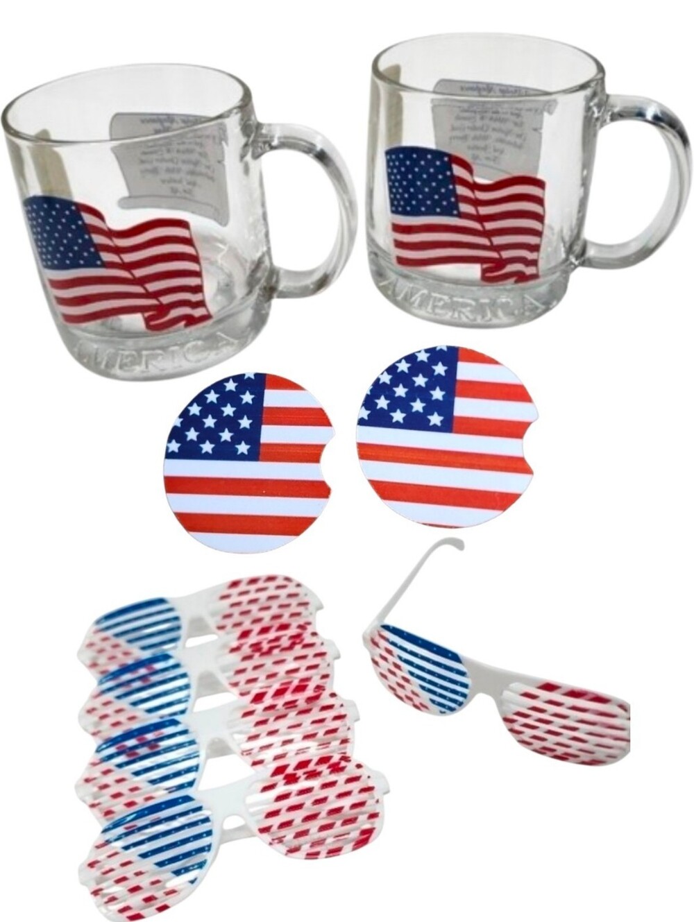 9pc USA Patriotic Glass Mugs, Car Coasters & Novelty Glasses Set